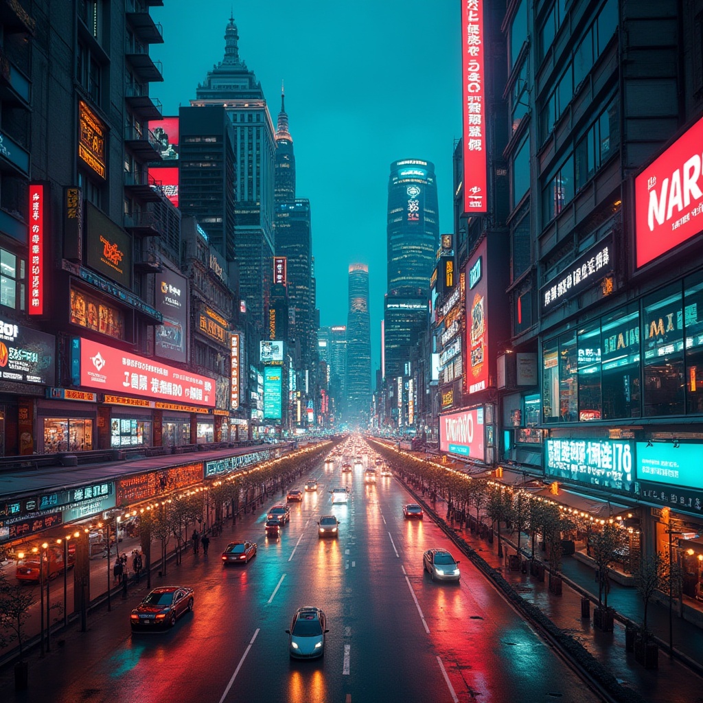 Prompt: Vibrant cityscape, neon lights, bustling streets, modern skyscrapers, metallic accents, bold typography, dynamic shapes, electric blue hues, bright coral tones, lime green highlights, warm golden lighting, high-contrast shadows, deep depth of field, 1/2 composition, dramatic camera angles, realistic reflections, ambient occlusion.