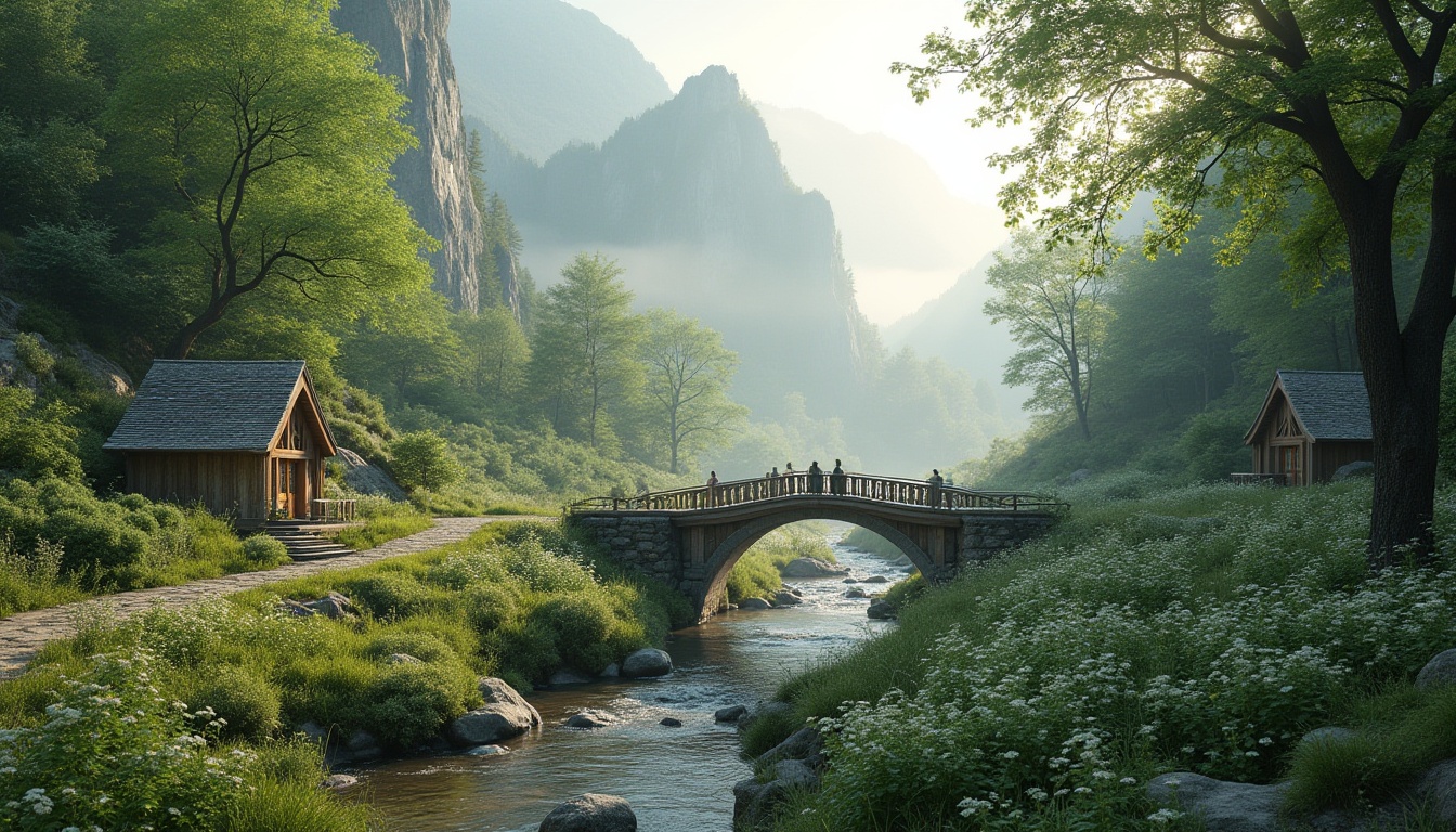 Prompt: Serene mountainous terrain, lush green forests, gentle streams, rustic wooden bridges, natural stone pathways, wildflower meadows, misty morning atmosphere, soft warm lighting, shallow depth of field, 3/4 composition, panoramic view, realistic textures, ambient occlusion, eco-friendly architecture, sustainable design principles, minimal environmental impact, organic curves, earthy tones, seamless blending with surroundings.