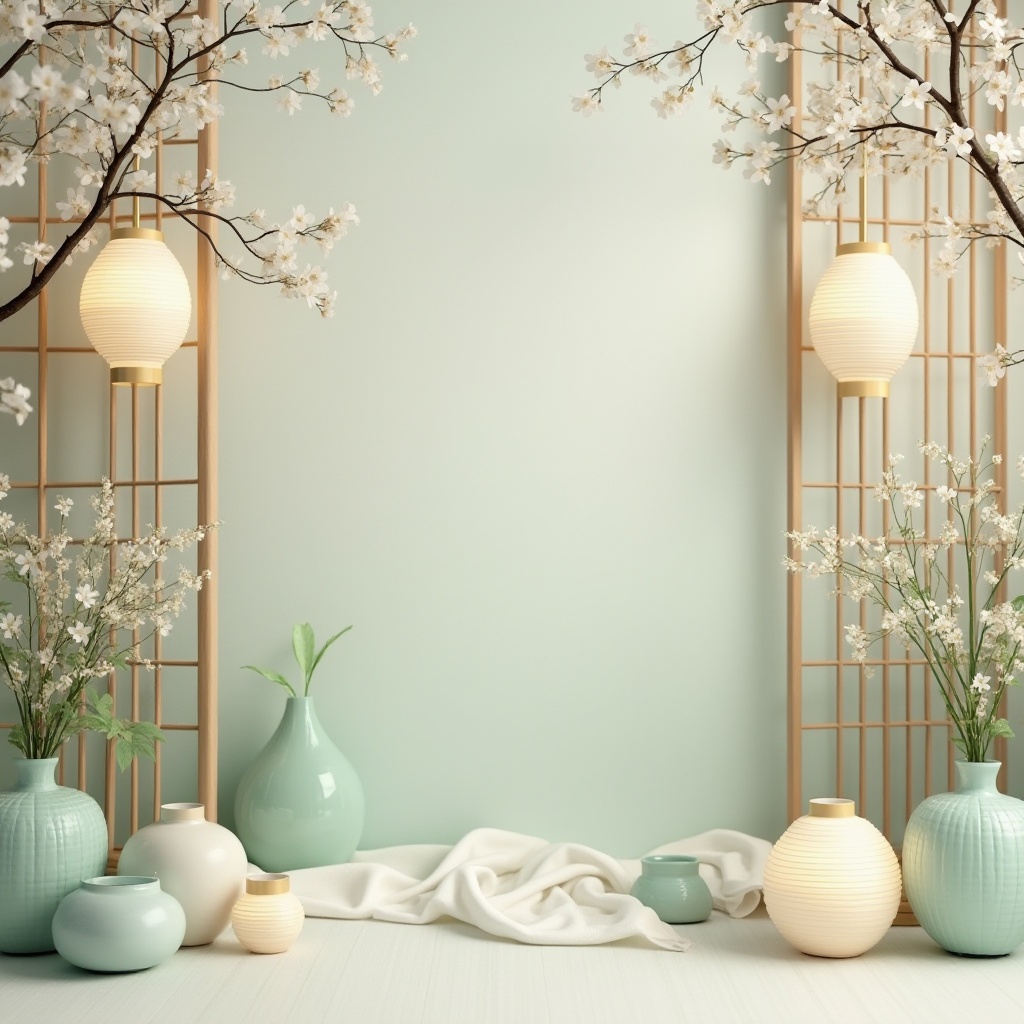 Prompt: Soft celadon hues, gentle mint undertones, calming pale blue accents, creamy whites, warm beige backgrounds, elegant simplicity, traditional Japanese aesthetics, natural wood textures, subtle paper lanterns, delicate cherry blossom motifs, serene outdoor spaces, misty morning atmosphere, softbox lighting, shallow depth of field, 1/2 composition, realistic fabrics, ambient occlusion.