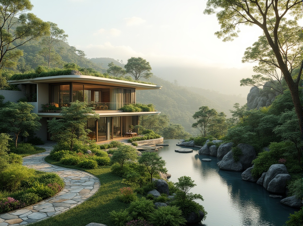 Prompt: Harmonious landscape integration, rolling hills, lush greenery, serene water features, natural stone pathways, modern architectural design, sleek curved lines, cantilevered structures, floor-to-ceiling windows, minimalistic interior decor, organic materials blending, eco-friendly sustainable systems, rainwater harvesting, grey-water reuse, living walls, verdant roofs, soft warm lighting, atmospheric misting, shallow depth of field, 3/4 composition, panoramic view, realistic textures, ambient occlusion.