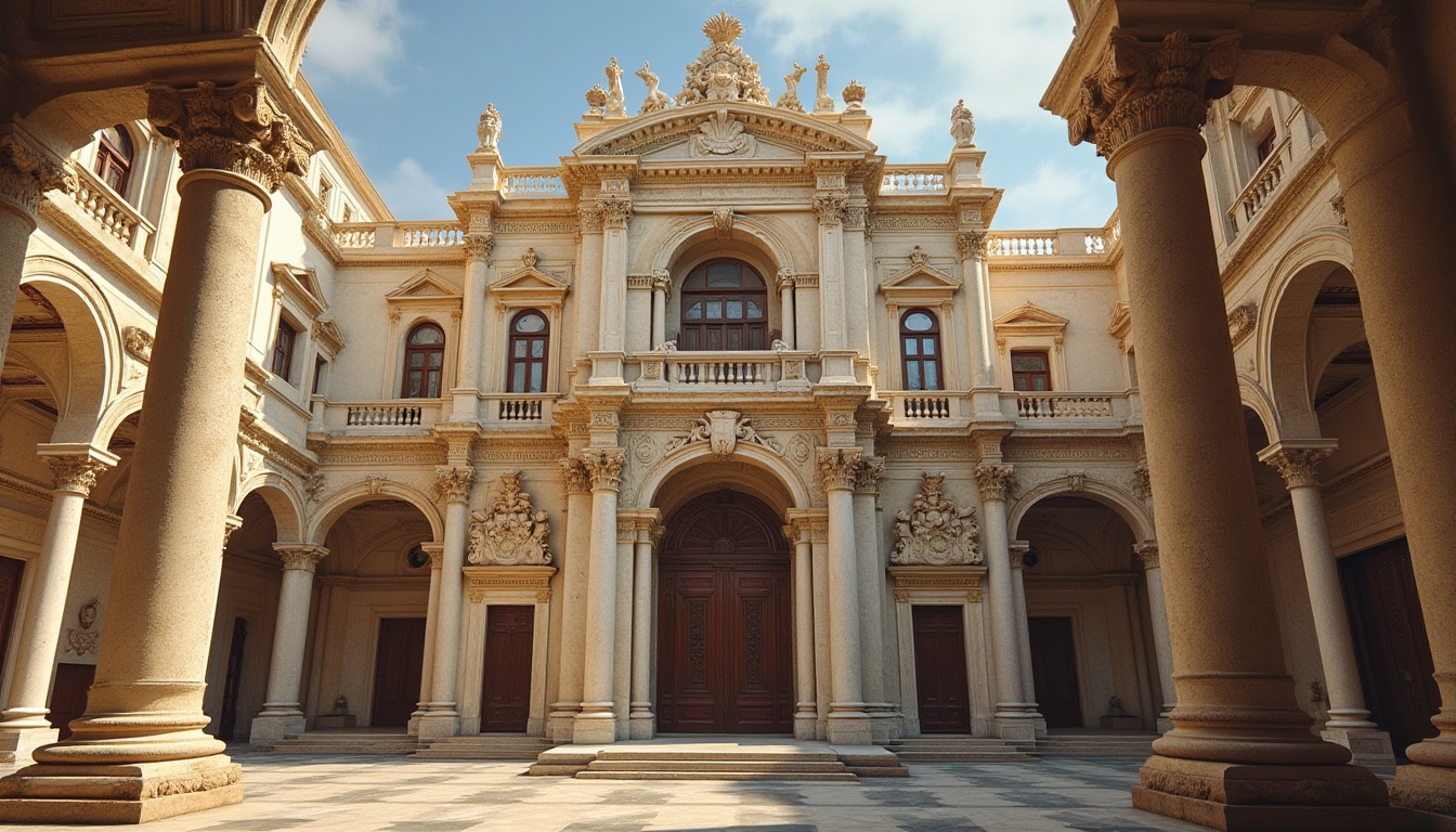 Prompt: Grand Renaissance palace, ornate stone carvings, symmetrical facade, arched windows, classical columns, intricate stucco decorations, rusticated quoins, sculpted tympanum, gilded accents, warm golden lighting, shallow depth of field, 1/1 composition, detailed textures, ambient occlusion, soft focus effect, majestic entrance, grand staircases, ornate balustrades, fresco-adorned ceilings.