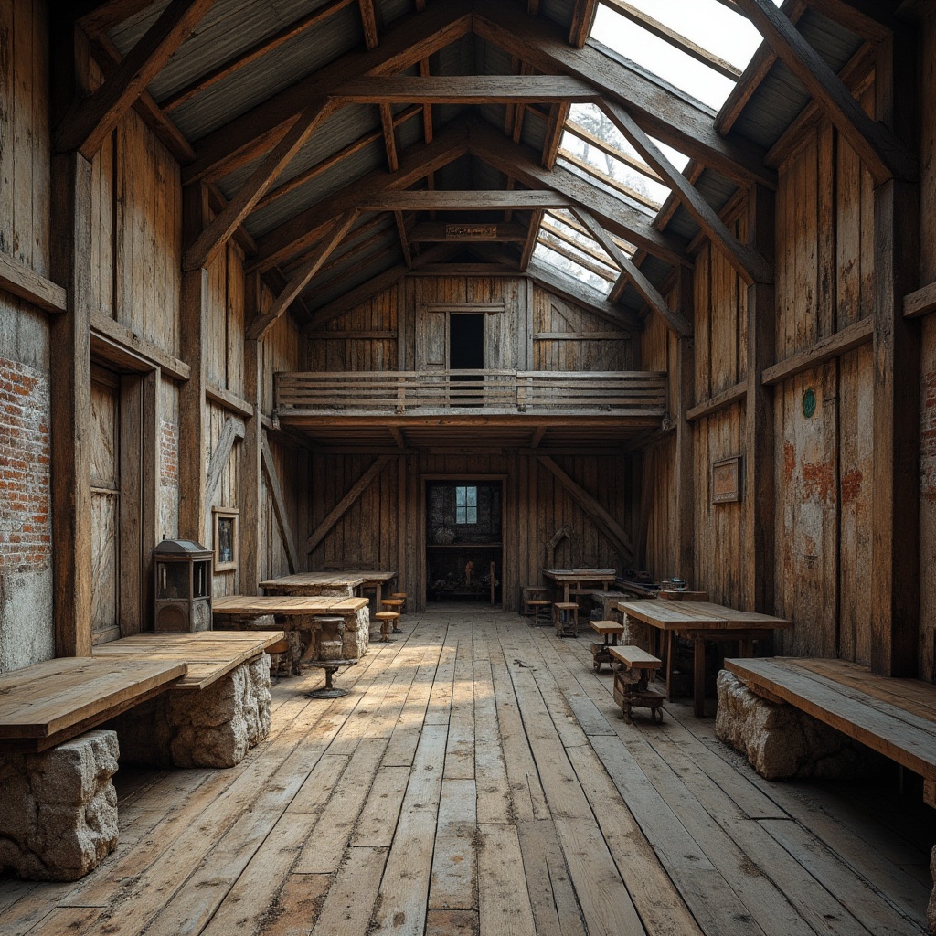 Prompt: Rustic barn, weathered wooden planks, distressed metal accents, vintage farm equipment, worn stone foundations, earthy color palette, natural textures, rough-hewn wood beams, exposed brick walls, industrial metal roofs, abstract expressionist forms, bold geometric shapes, dynamic light play, dramatic shadows, high contrast ratios, 1/2 composition, cinematic atmosphere, gritty realistic renderings.