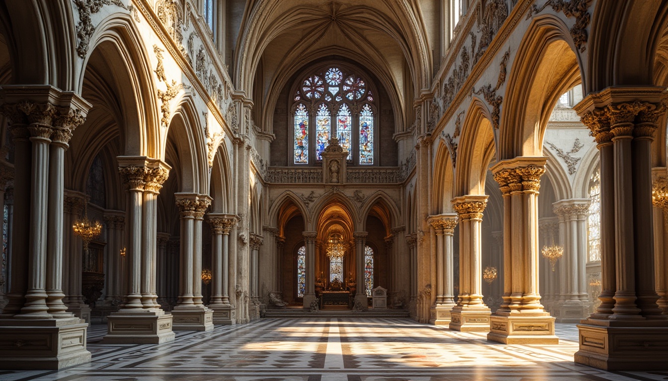 Prompt: Intricate stone carvings, ornate gargoyles, grandiose entranceways, symmetrical facades, rusticated quoins, rose windows, stained glass patterns, gothic arches, ribbed vaults, marble columns, gilded details, frescoed ceilings, barrel-vaulted naves, dramatic lighting, high contrast shadows, warm afternoon sun, 1/2 composition, central perspective, realistic textures, ambient occlusion.