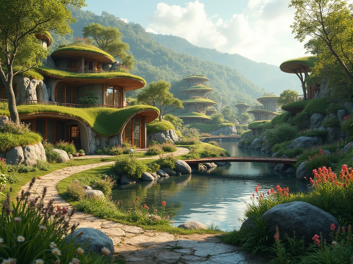 Prompt: Seamless landscape integration, harmonious architecture, organic curves, natural stone walls, green roofs, lush vegetation, winding water features, serene ponds, rustic wooden bridges, meandering pathways, eclectic plant species, vibrant wildflowers, warm sunny day, soft diffused lighting, shallow depth of field, 1/1 composition, panoramic view, realistic textures, ambient occlusion.