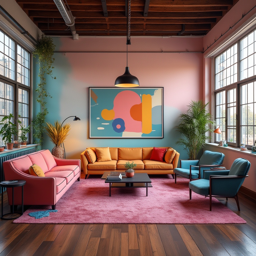 Prompt: Vibrant artistic studio, eclectic furniture arrangement, bold abstract artwork, contrasting color schemes, pastel hues, neon accents, modern designer chairs, wooden flooring, floor-to-ceiling windows, natural daylight, warm ambient lighting, shallow depth of field, 1/1 composition, realistic textures, ambient occlusion.