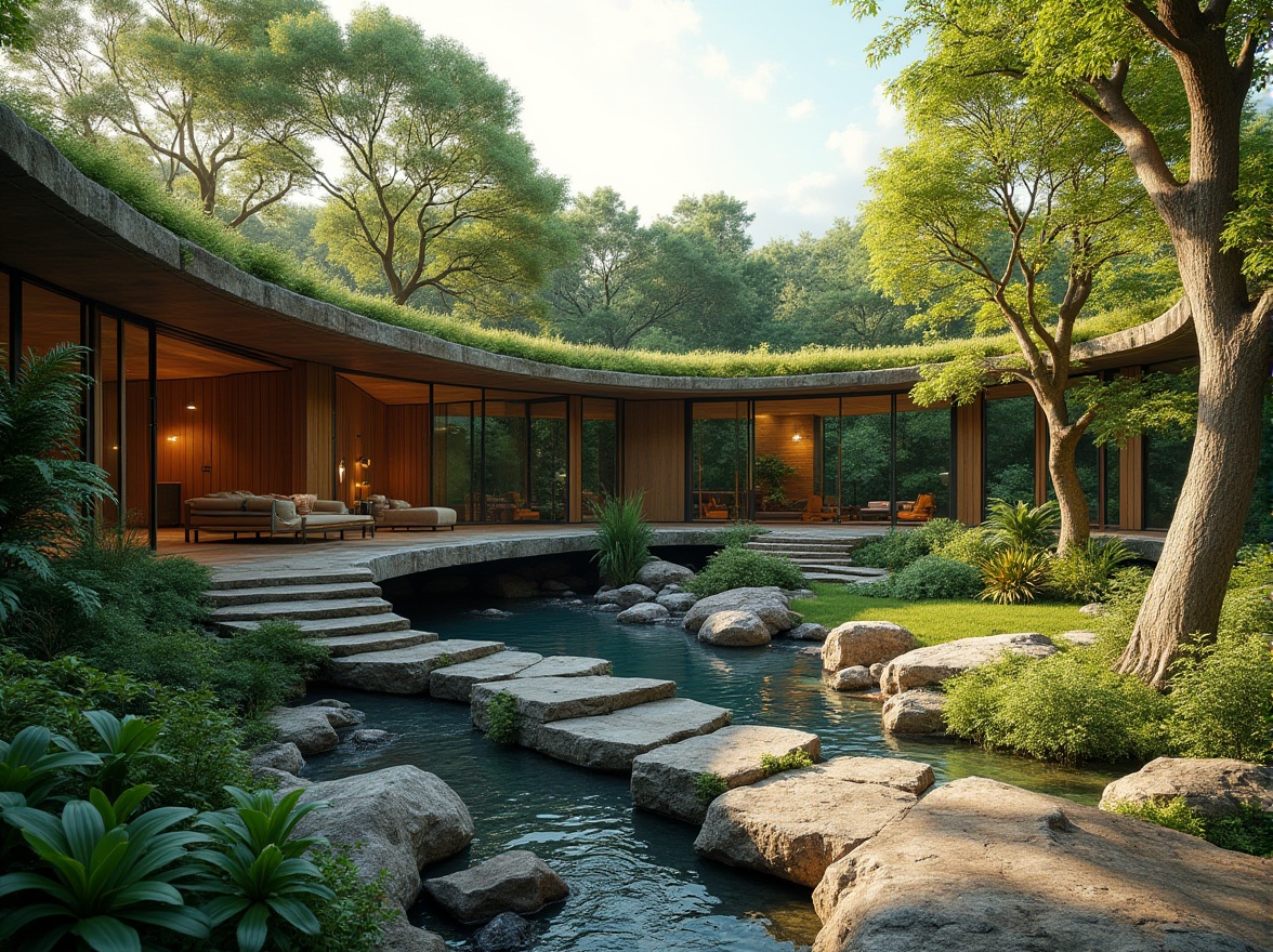 Prompt: Seamless natural integration, blending architecture with nature, organic curves, living green walls, cantilevered roofs, floor-to-ceiling windows, minimal visual impact, sustainable materials, reclaimed wood accents, earthy color palette, lush vegetation, native plant species, serene water features, gentle streams, rocky outcroppings, rustic stone pathways, warm natural light, soft shadows, 1/1 composition, shallow depth of field, realistic textures, ambient occlusion.