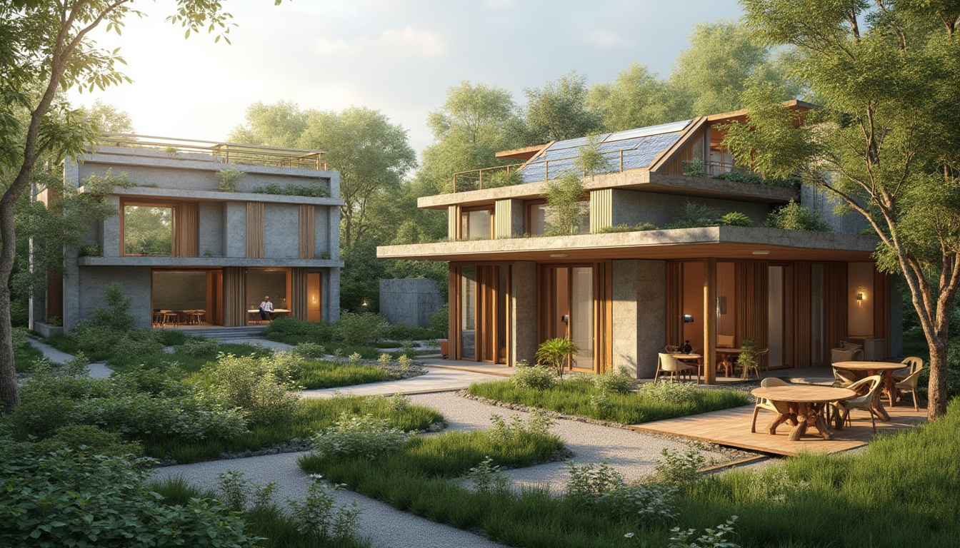 Prompt: Eco-friendly buildings, recycled metal frames, low-carbon concrete, solar panels, green roofs, rainwater harvesting systems, natural ventilation systems, energy-efficient windows, minimalist design, organic shapes, earthy tones, bamboo textures, reclaimed wood accents, living walls, urban gardens, misting systems, shaded outdoor spaces, warm ambient lighting, 1/1 composition, soft focus, realistic renderings.