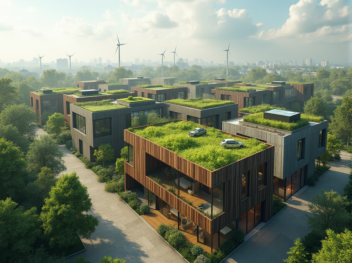 Prompt: Eco-friendly buildings, green roofs, solar panels, wind turbines, rainwater harvesting systems, recycled materials, low-carbon footprint, energy-efficient designs, natural ventilation systems, optimized daylighting, minimal waste generation, sustainable urban planning, vibrant green walls, living roofs, modern minimalist aesthetic, angular lines, industrial chic, reclaimed wood accents, large windows, sliding glass doors, panoramic views, shallow depth of field, 3/4 composition, realistic textures, ambient occlusion.