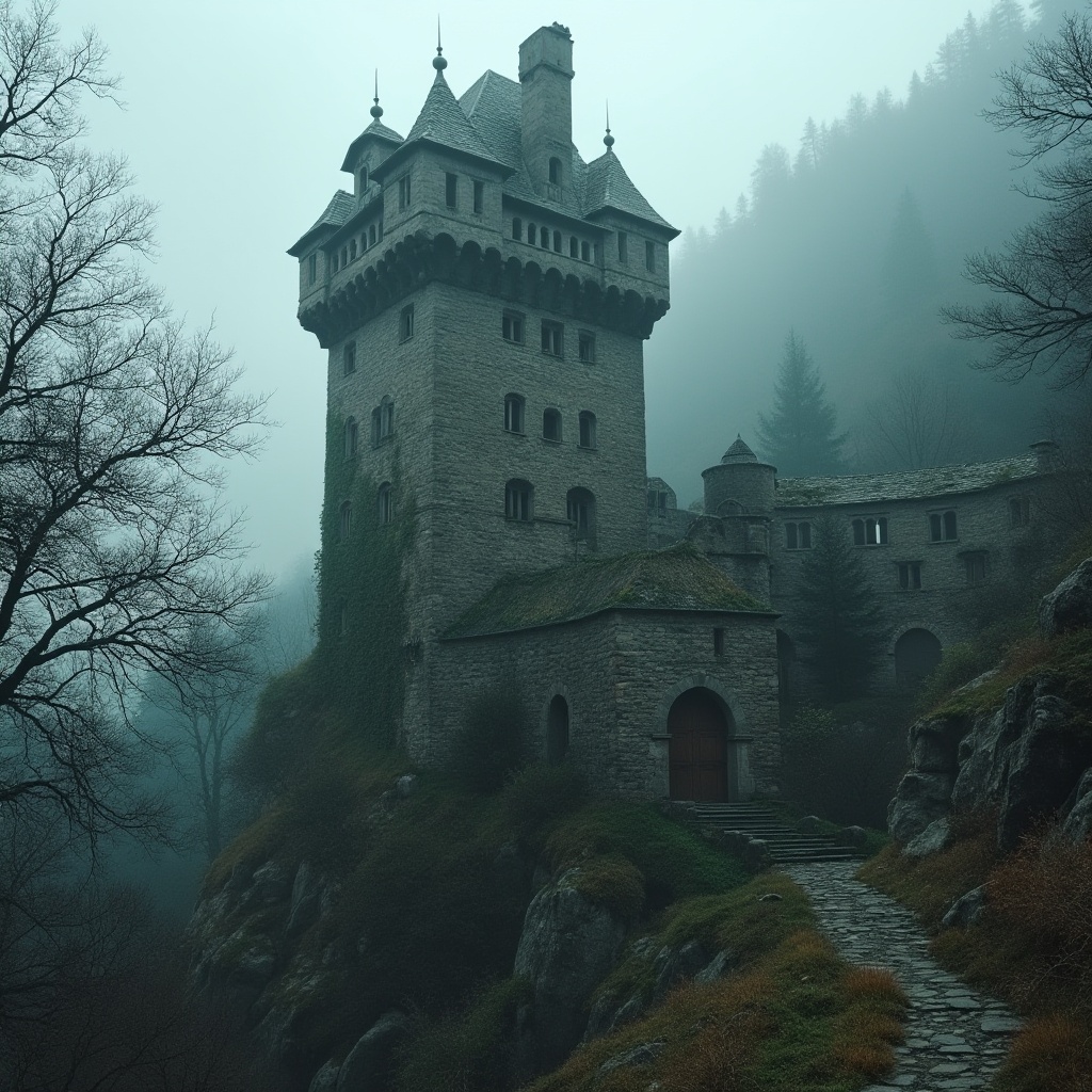 Prompt: Majestic watchtower, medieval architecture, stone walls, ivy-covered facades, rugged mountainous landscape, misty atmosphere, eerie silence, mysterious ambiance, overcast sky, dramatic lighting, high-angle shot, cinematic composition, rich textures, atmospheric fog, ancient trees, twisted branches, worn-out wooden doors, rusty metal hinges, abandoned ruins, historical significance, conservation efforts, sustainable tourism practices.