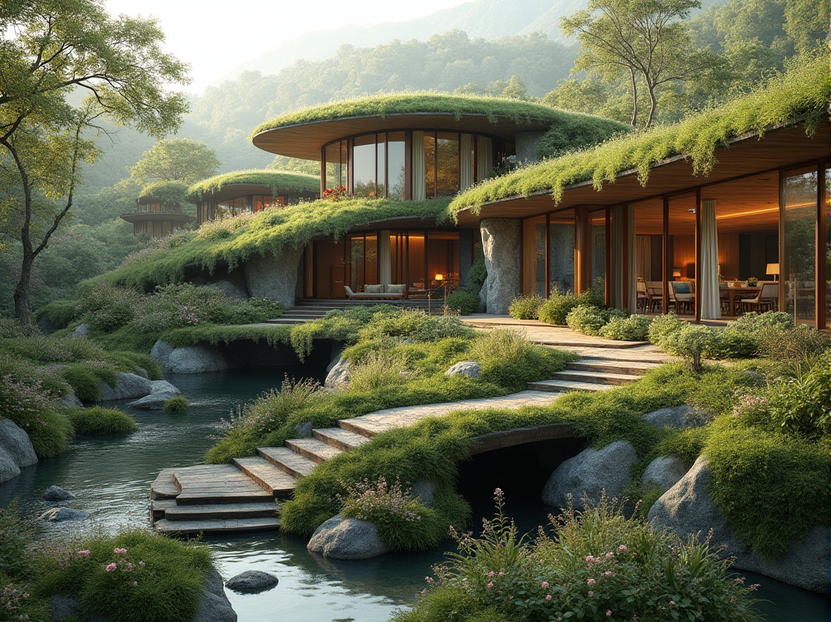 Prompt: Harmonious landscape integration, lush green roofs, native plant species, organic building forms, curved lines, natural stone walls, wooden accents, eco-friendly materials, sustainable design principles, seamless transitions, indoor-outdoor connections, floor-to-ceiling windows, sliding glass doors, panoramic views, soft warm lighting, shallow depth of field, 3/4 composition, realistic textures, ambient occlusion.