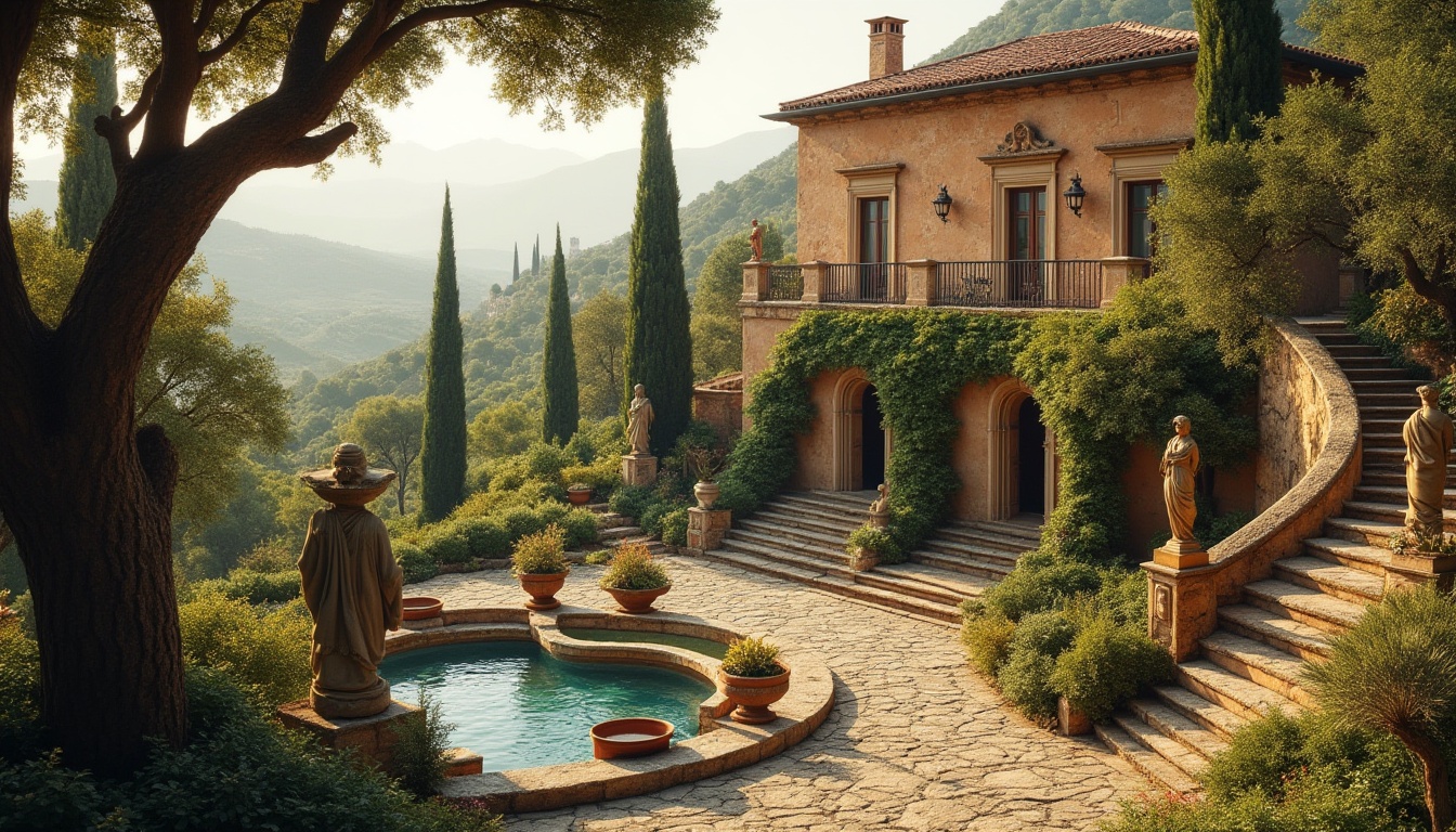 Prompt: Rustic Italian villa, lush Mediterranean gardens, ancient olive trees, meandering stone pathways, ornate fountains, classical statues, grand staircases, arched windows, terra cotta rooftops, warm golden lighting, soft focus effect, 1/1 composition, naturalistic textures, ambient occlusion, serene atmosphere, tranquil water features, surrounding rolling hills, distant Tuscan countryside views.