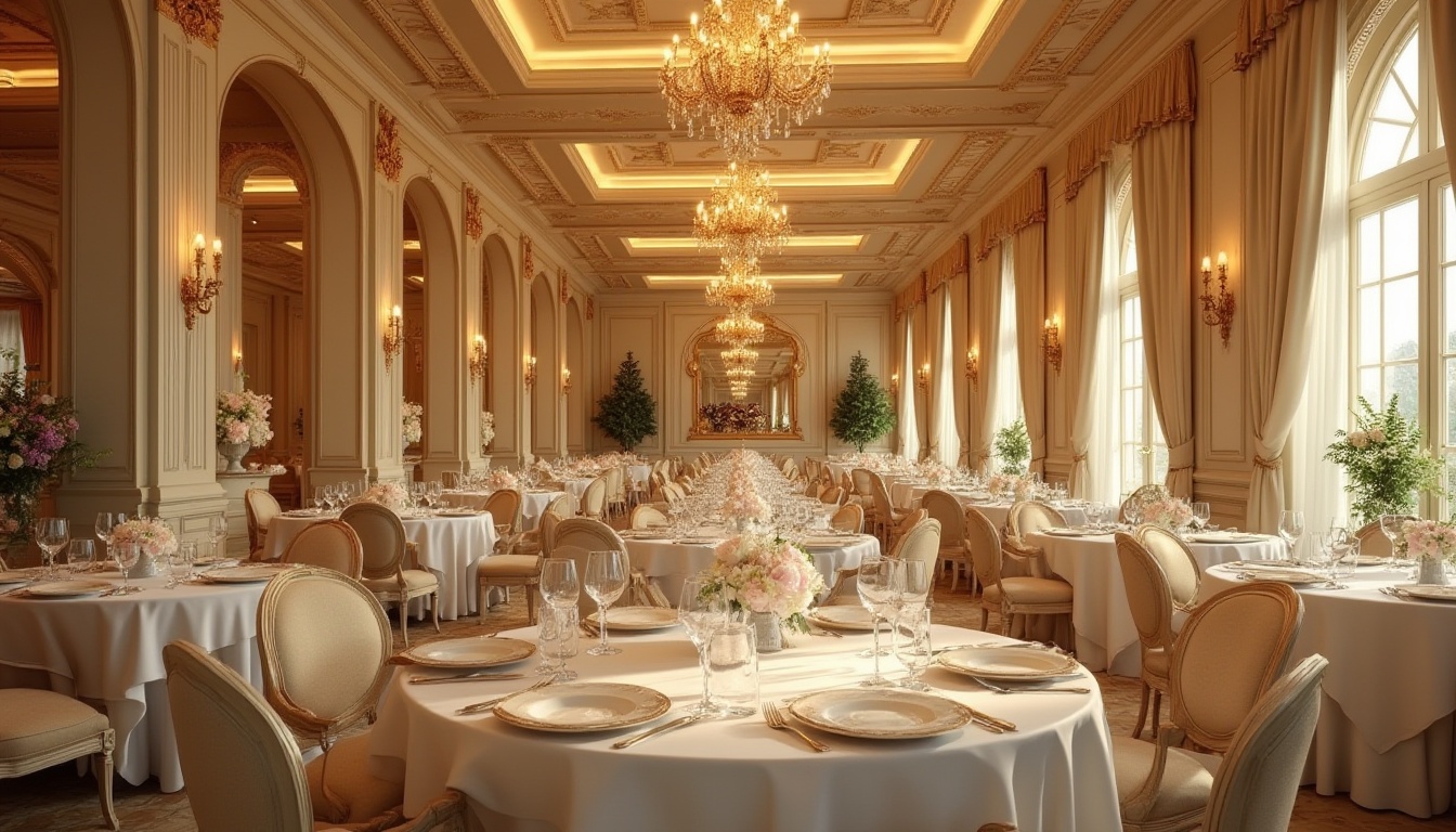 Prompt: Elegant dining hall, luxurious chandeliers, cream-colored walls, rich wood tones, lavish furnishings, ornate mirrors, sophisticated ambiance, warm golden lighting, soft shadows, 1/1 composition, shallow depth of field, realistic textures, ambient occlusion, inviting atmosphere, comfortable seating, refined table settings, crisp white linens, sparkling crystal glasses, fine china dinnerware.