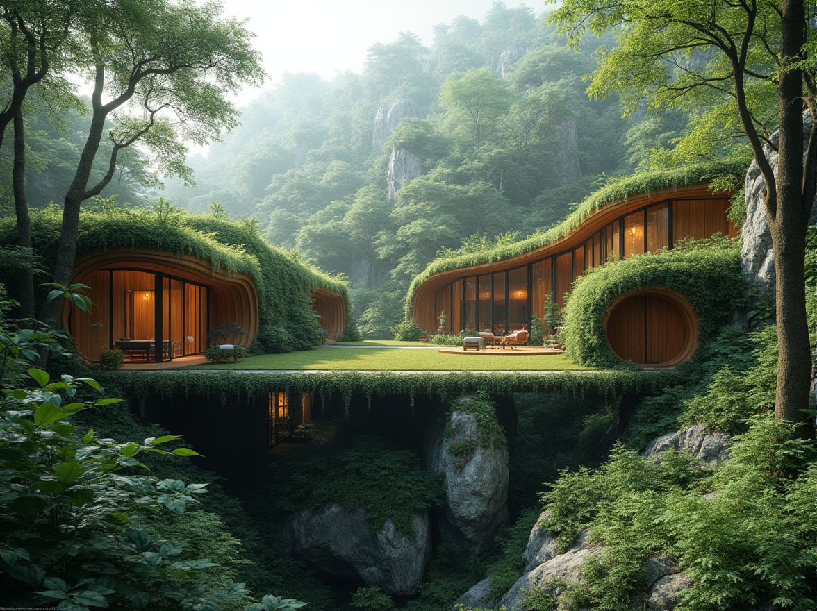 Prompt: Lush forest surroundings, wooden accents, green roofs, curved lines, organic shapes, natural stone walls, floor-to-ceiling windows, panoramic views, abundant foliage, soft diffused lighting, misty atmosphere, shallow depth of field, 3/4 composition, symmetrical balance, earthy color palette, eco-friendly materials, sustainable design solutions, rainwater harvesting systems, living walls, vertical gardens, serene ambiance, peaceful coexistence.