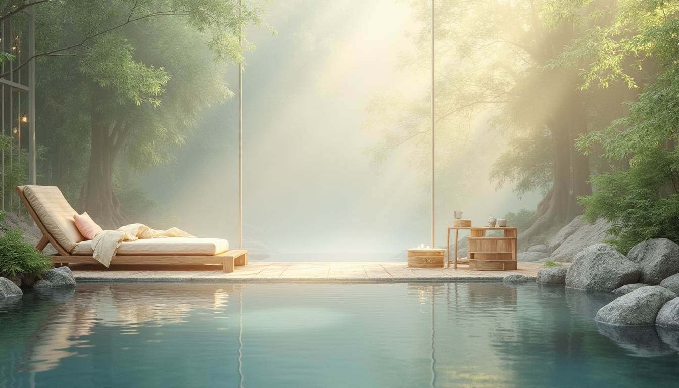 Prompt: Soothing color scheme, pale blue hues, creamy whites, gentle greens, warm beige tones, soft peach accents, calming gray undertones, subtle texture overlays, natural linen fabrics, woven bamboo elements, peaceful water features, serene forest surroundings, misty morning atmosphere, warm golden lighting, shallow depth of field, 1/1 composition, realistic reflections, ambient occlusion.