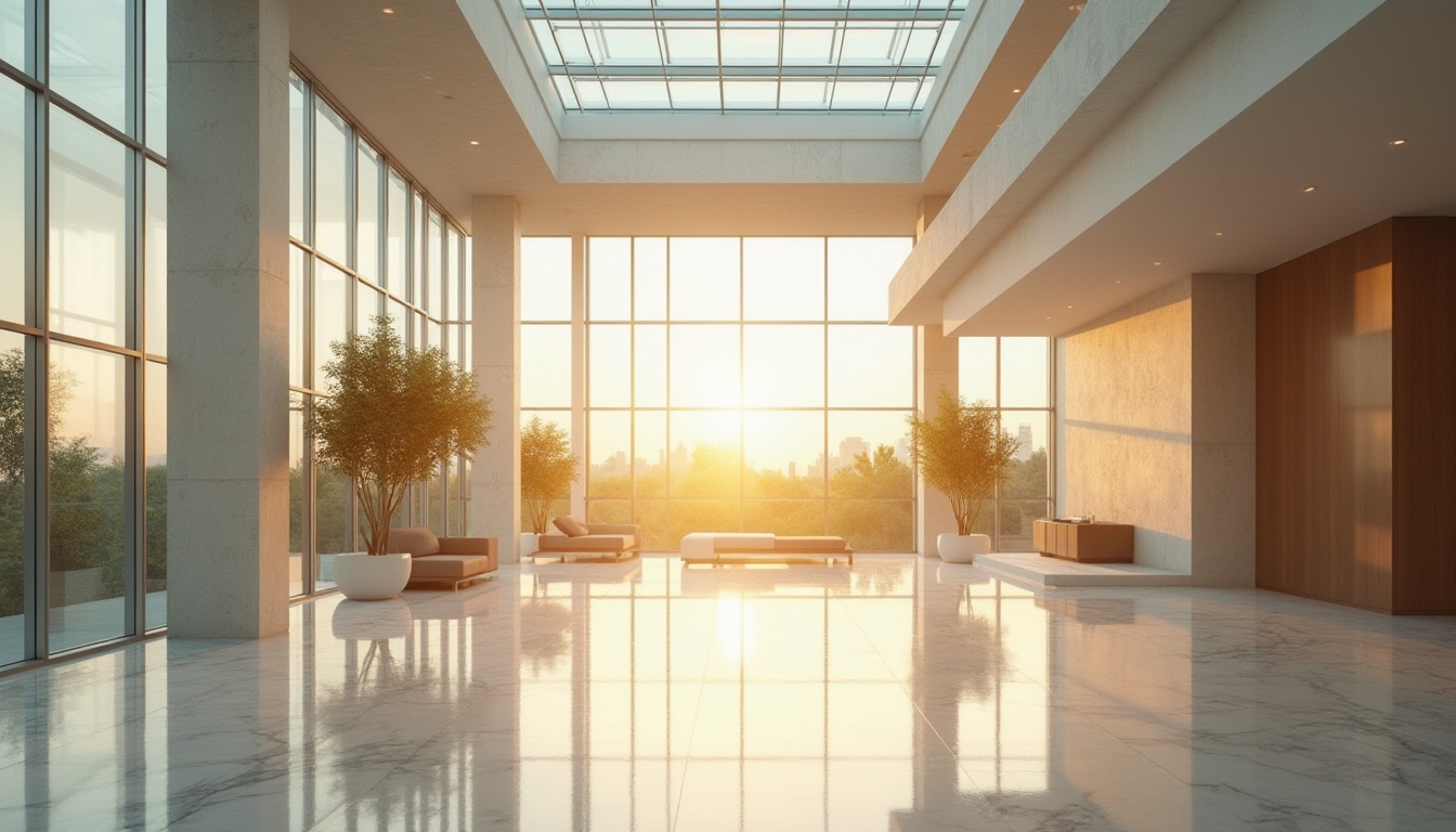 Prompt: \Vibrant open spaces, floor-to-ceiling windows, clerestory lights, skylights, transparent glass roofs, minimalist interior design, reflective surfaces, polished marble floors, soft warm lighting, morning sunlight, afternoon warmth, golden hour glow, subtle shadows, 1/1 composition, symmetrical framing, natural textures, ambient occlusion, airy atmosphere.\