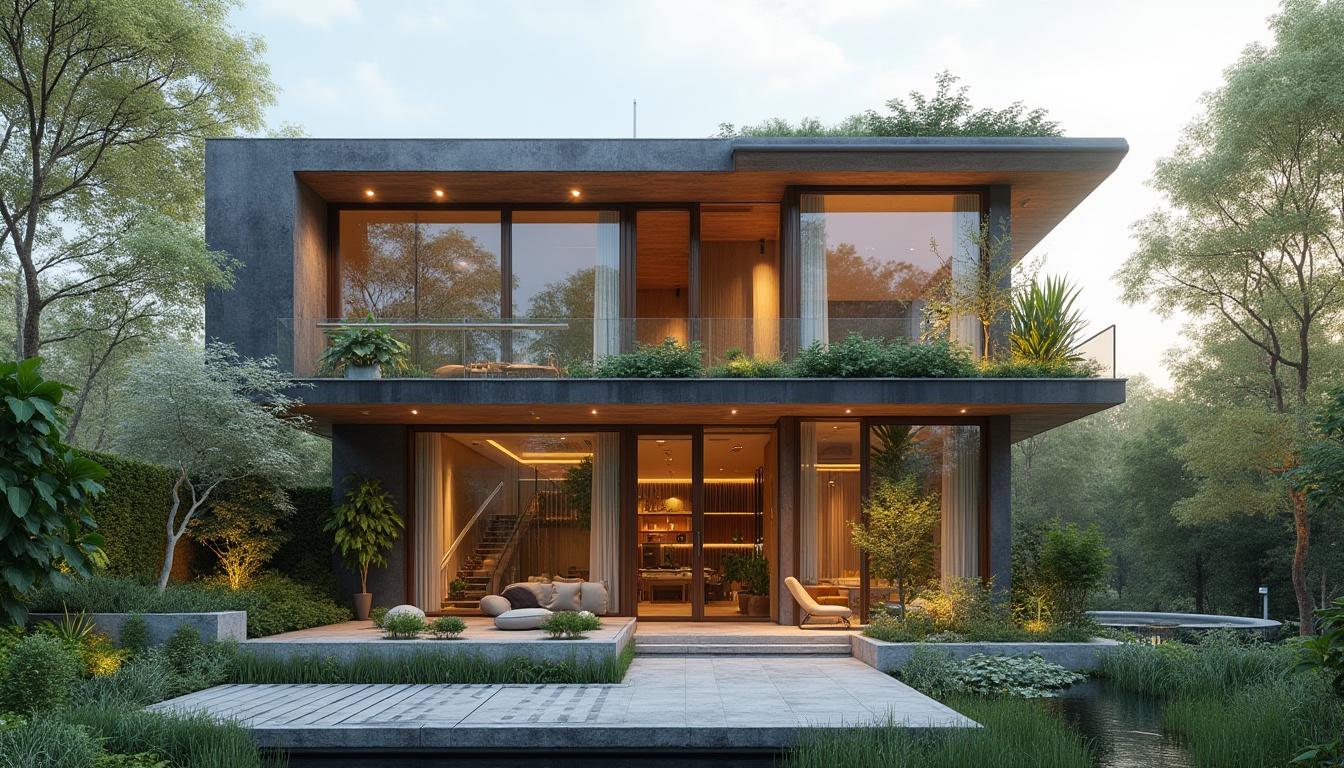 Prompt: Modern dwelling, sleek minimalist facade, large floor-to-ceiling windows, sliding glass doors, cantilevered roofs, overhanging eaves, sustainable materials, recycled wood accents, green walls, living roofs, solar panels, wind turbines, rainwater harvesting systems, vertical gardens, urban oasis, calm ambiance, natural ventilation, cross ventilation, soft warm lighting, shallow depth of field, 1/2 composition, realistic textures, ambient occlusion.