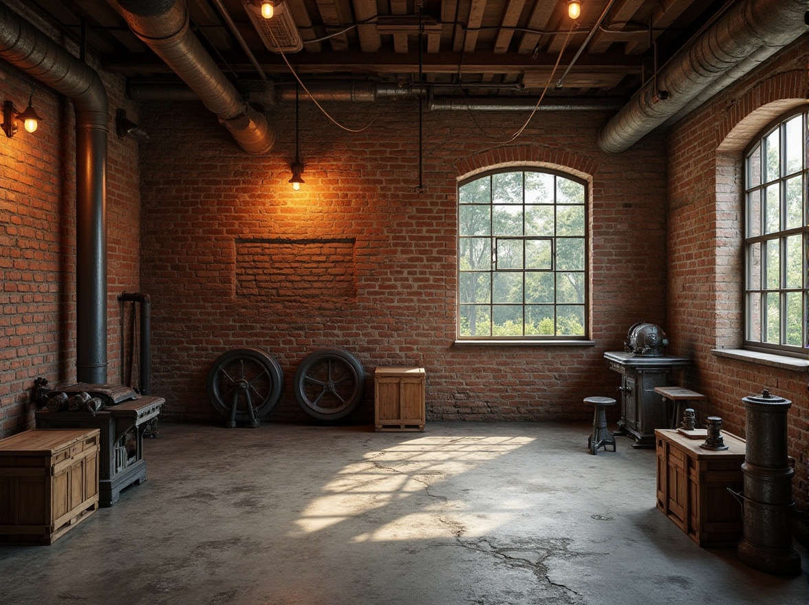 Prompt: Exposed brick walls, distressed wood beams, industrial metal pipes, rough concrete floors, reclaimed wooden crates, vintage machinery parts, rusty metal accents, earthy tone color palette, warm atmospheric lighting, shallow depth of field, 2/3 composition, gritty realistic textures, ambient occlusion.