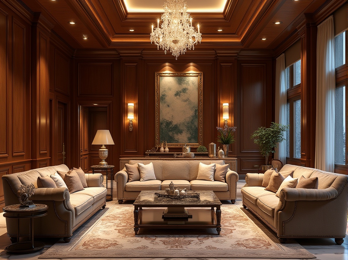 Prompt: Luxurious interior design, high-end furniture, rich wood tones, premium leather upholstery, metallic accents, crystal chandeliers, marble countertops, lavish textiles, ornate patterns, opulent fabrics, sophisticated color palette, elegant proportions, refined architectural details, ambient lighting, warm glow, inviting atmosphere, luxurious lifestyle.