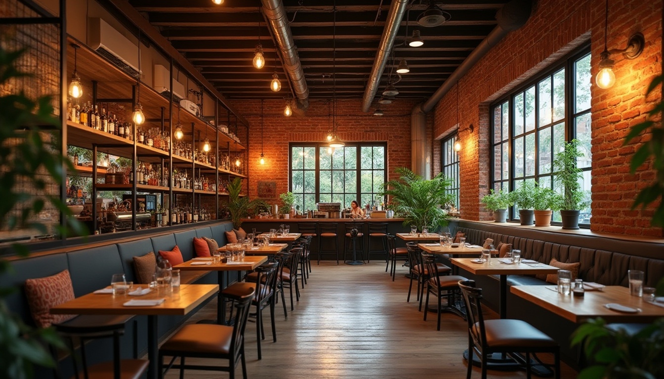 Prompt: Warm industrial-chic restaurant, exposed brick facade, earthy tones, reclaimed wood accents, metal beams, vintage lighting fixtures, cozy atmosphere, intimate seating areas, rustic wooden tables, plush cushions, soft warm lighting, shallow depth of field, 1/1 composition, natural textures, ambient occlusion, lush greenery, potted plants, modern minimalist decor.