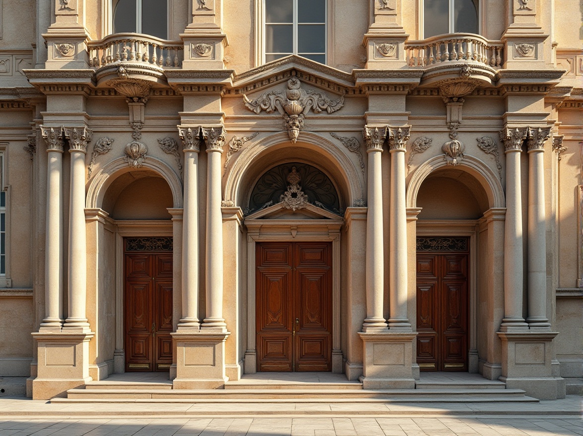 Prompt: Ornate Renaissance facade, classical columns, ornamental arches, grand entranceways, symmetrical composition, weathered stone walls, rusticated quoins, carved wooden doors, intricate stonework, gilded details, majestic balconies, ornate railings, vibrant frescoes, grandiose scale, warm sunny day, soft diffused lighting, shallow depth of field, 1/1 composition, detailed textures, ambient occlusion.