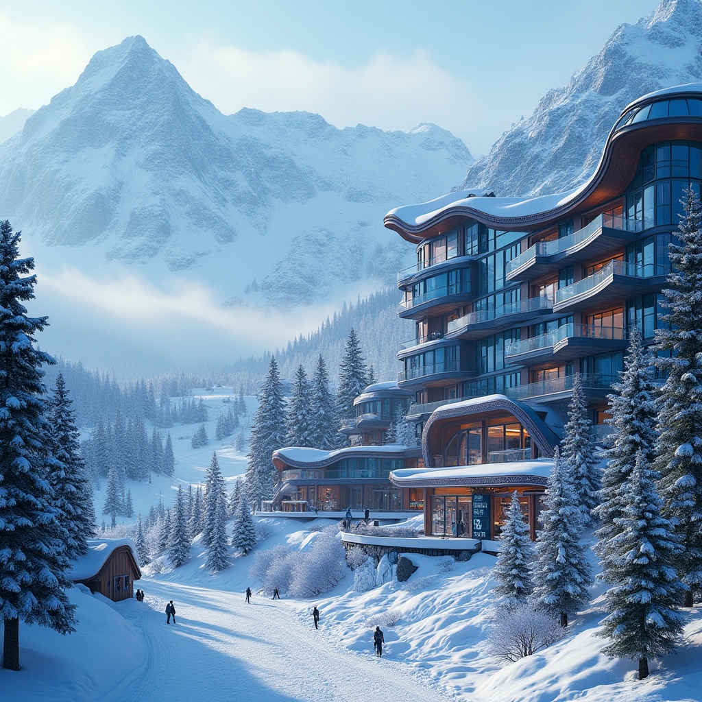 Prompt: Vibrant ski resort, snow-capped mountains, frosty pine trees, dynamic expressionist facade, undulating metal surfaces, bold geometric shapes, angular windows, cantilevered roofs, futuristic ski lifts, icy blue glass, metallic accents, neon-lit signage, powdery snow textures, misty atmospheric effects, dramatic shadows, high-contrast lighting, 1/2 composition, low-angle shot, realistic reflections, ambient occlusion.