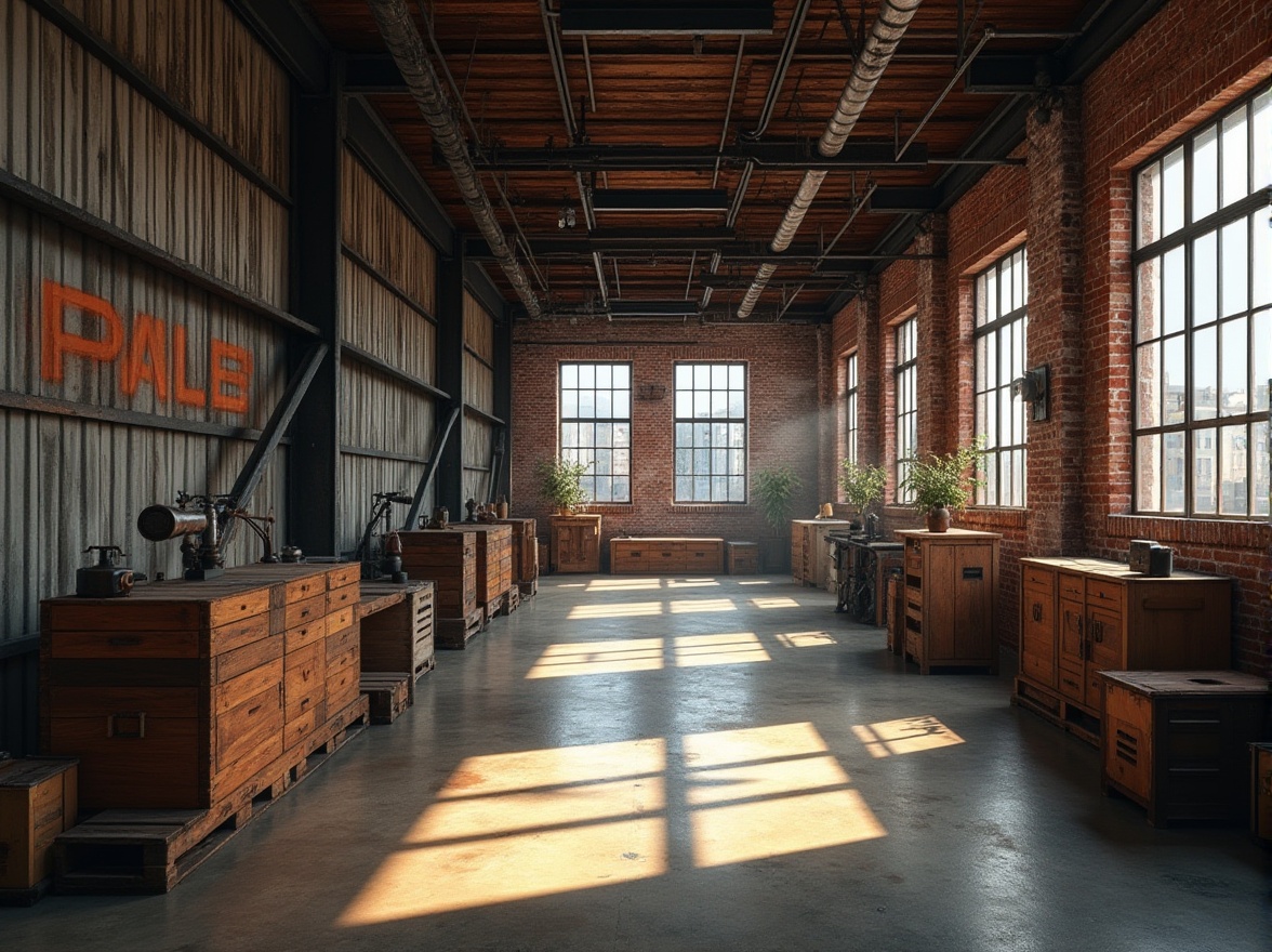 Prompt: Industrial warehouse, exposed brick walls, metal beams, wooden crates, vintage machinery, distressed finishes, earthy tones, natural light pouring in, large windows, steel frames, corrugated metal cladding, concrete floors, urban atmosphere, cityscape views, modern minimalist aesthetic, functional simplicity, bold typography, industrial chic accents, reclaimed wood textures, atmospheric shadows, warm soft lighting, 1/1 composition, moody contrast.