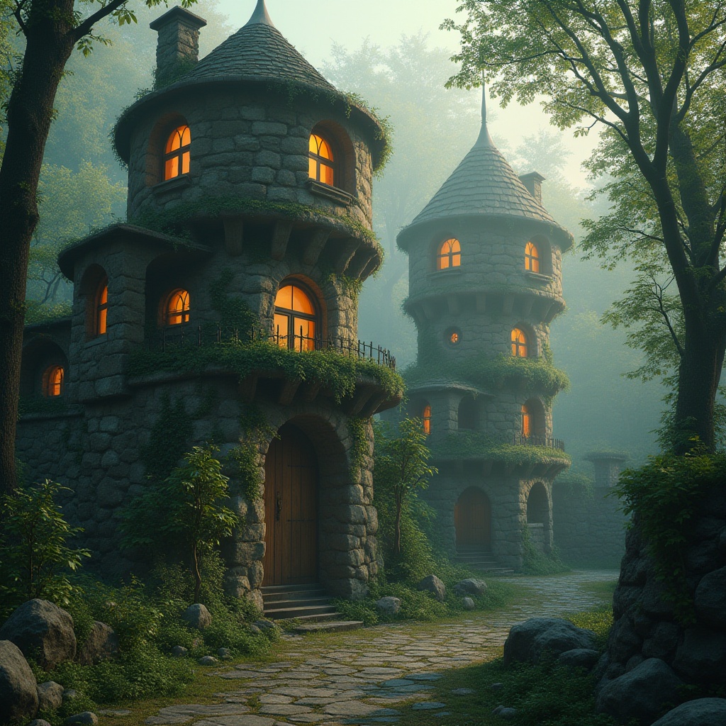 Prompt: Ethereal watchtowers, rustic stone walls, moss-covered rooftops, weathered wooden doors, overgrown ivy, misty morning atmosphere, soft warm lighting, shallow depth of field, 3/4 composition, panoramic view, realistic textures, ambient occlusion, surrounded by lush forest, tall trees, winding vines, twinkling fireflies, serene natural sounds, gentle breeze, peaceful ambiance.