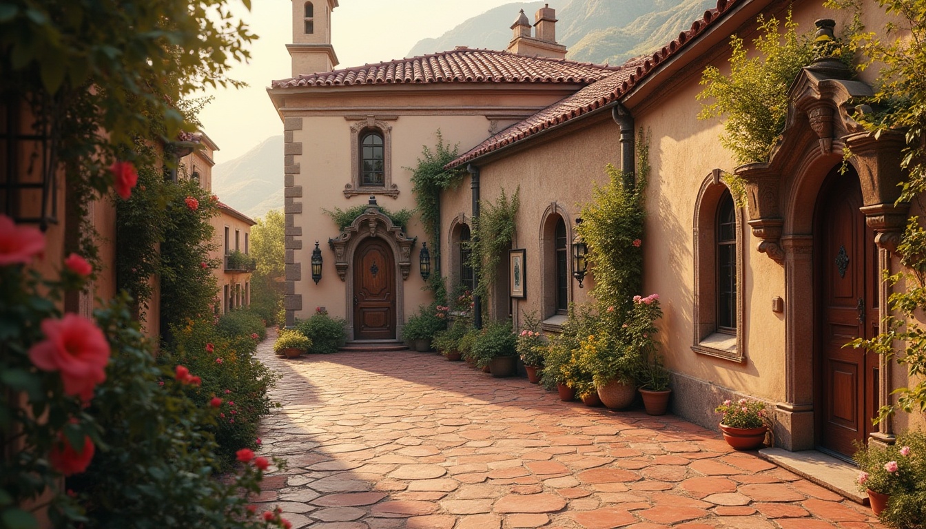 Prompt: Warm chocolate brown buildings, rich terracotta roofs, creamy beige walls, ornate bronze details, earthy red stone pathways, lush greenery, vibrant flower accents, rustic wooden doors, distressed metal accents, natural textures, warm golden lighting, shallow depth of field, 3/4 composition, panoramic view, realistic renderings, ambient occlusion.Please let me know if this meets your expectations!