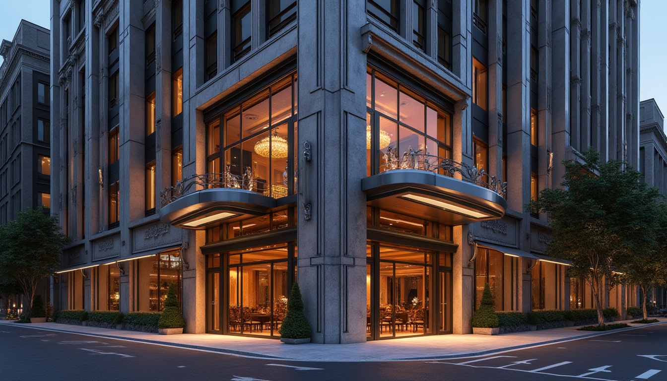 Prompt: Luxurious building facade, sleek modern design, gleaming metallic surfaces, reflective glass accents, subtle LED lighting, intricate stone carvings, grand entranceways, imposing columns, ornate balconies, lavish awnings, sophisticated color palette, contrasting textures, dynamic angular lines, futuristic vibe, dramatic nighttime illumination, shallow depth of field, 1/2 composition, realistic render, ambient occlusion.