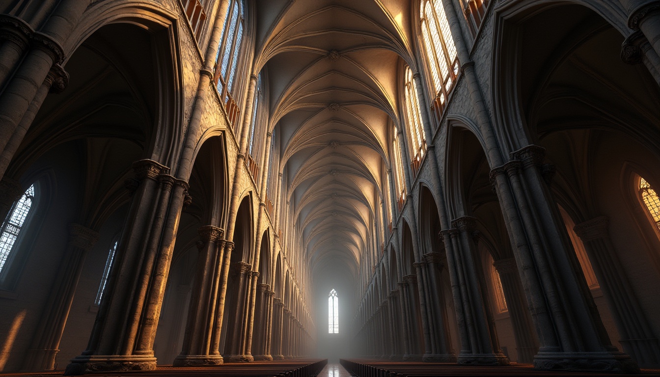 Prompt: Soaring cathedral, pointed arches, ribbed vaults, flying buttresses, grandiose scale, dramatic vertical lines, intricate stone carvings, stained glass windows, ornate capitals, majestic pillars, mysterious ambiance, dim warm lighting, high contrast, atmospheric perspective, detailed textures, realistic materials.