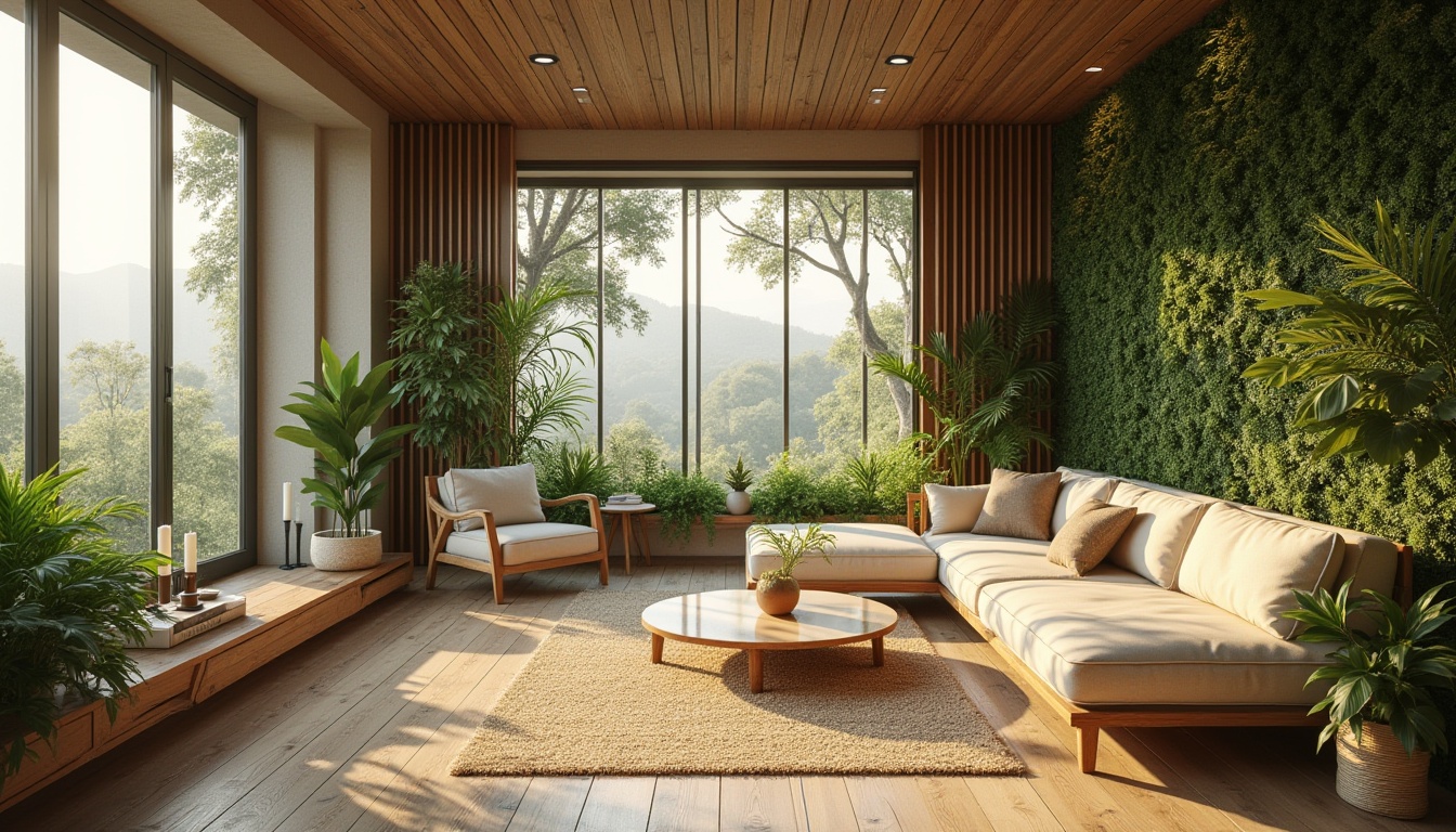 Prompt: Earthy tones, recycled materials, natural textures, eco-friendly fabrics, bamboo accents, reclaimed wood, living green walls, solar panels, wind turbines, rainwater harvesting systems, organic shapes, biophilic design, calming atmosphere, soft warm lighting, shallow depth of field, 3/4 composition, realistic renderings, ambient occlusion.