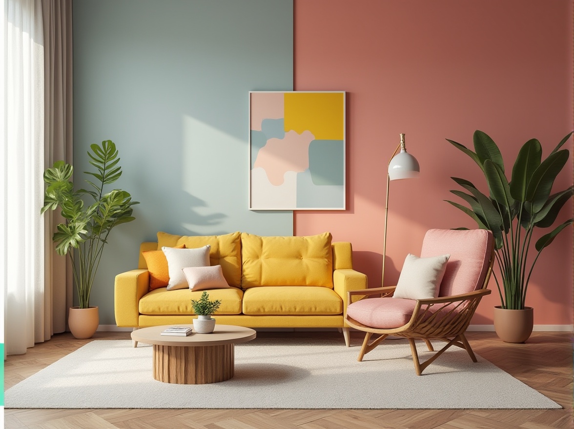 Prompt: Vibrant design studio, modern furniture, trendy color swatches, bold accent walls, minimalist decor, pastel hues, monochromatic schemes, contrasting textures, sleek metallic accents, natural wood tones, bright airy atmosphere, softbox lighting, shallow depth of field, 1/1 composition, realistic renderings.