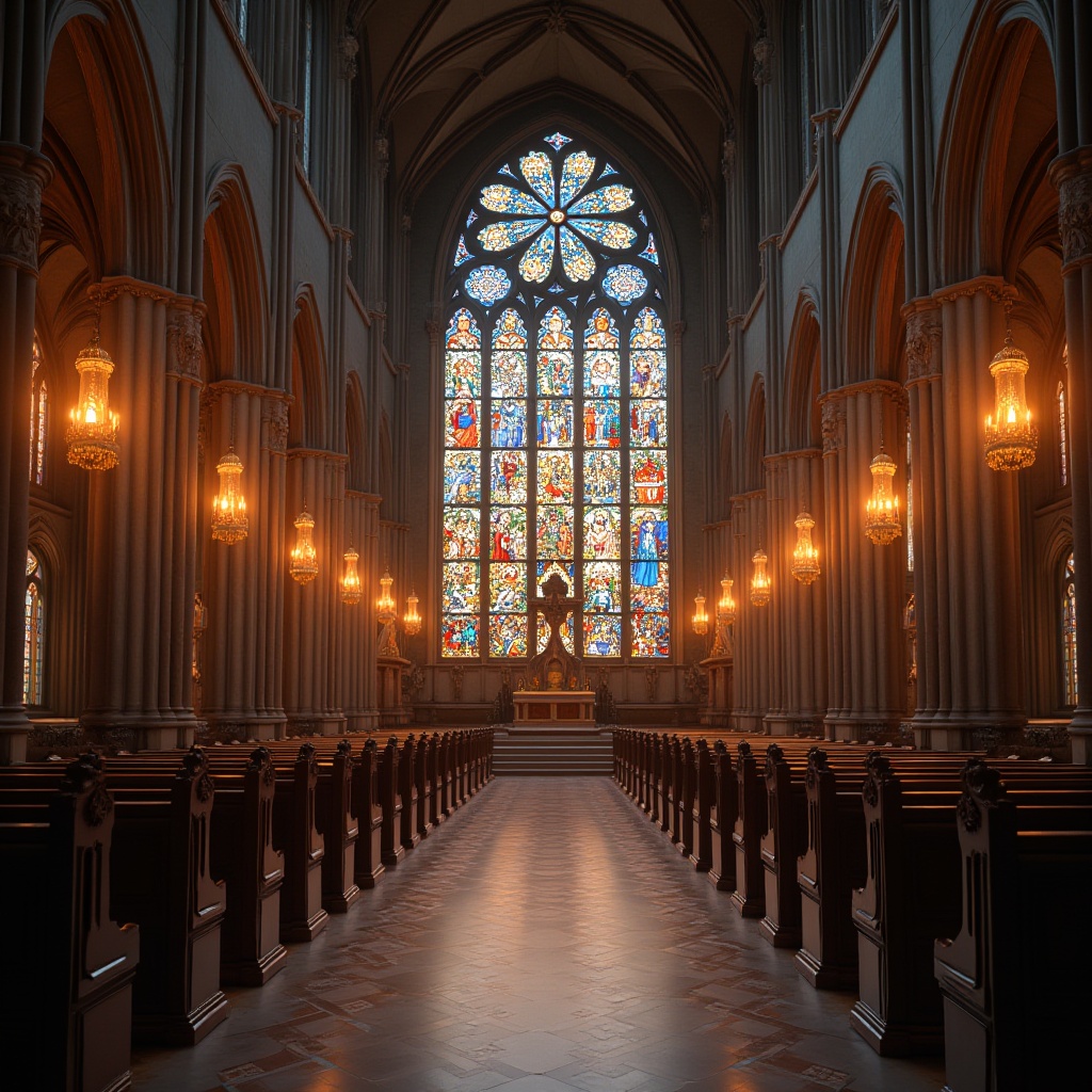 Prompt: Vibrant stained glass windows, kaleidoscope colors, intricate religious symbols, ornate Gothic architecture, majestic cathedrals, serene chapels, golden light filtering, warm ambiance, ornate wooden pews, marble floors, vaulted ceilings, dramatic arches, mystical atmosphere, soft warm lighting, shallow depth of field, 1/1 composition, realistic textures, ambient occlusion.