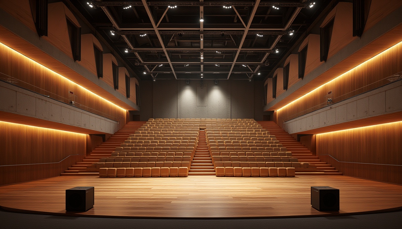 Prompt: Geometric auditorium, angular lines, minimalist design, industrial materials, concrete walls, steel beams, wooden floors, tiered seating, curved balconies, avant-garde architecture, functional lighting, spotlights, warm color scheme, rich textures, sound-absorbing panels, acoustic diffusers, state-of-the-art audio equipment, sleek speakers, modernist furniture, abstract artwork, dramatic shadows, high contrast lighting, 2/3 composition, cinematic view, realistic rendering.