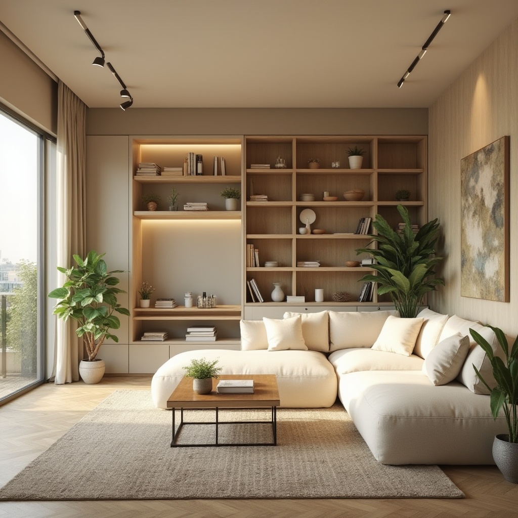 Prompt: Cozy living room, modern minimalist furniture, warm beige walls, soft cream-colored sofa, wooden coffee table, greenery plants, floor-to-ceiling windows, natural daylight, comfortable reading nook, built-in shelving units, organized storage spaces, functional layout, efficient traffic flow, calming color palette, textured area rugs, subtle lighting fixtures, 1/2 composition, shallow depth of field, realistic textures, ambient occlusion.