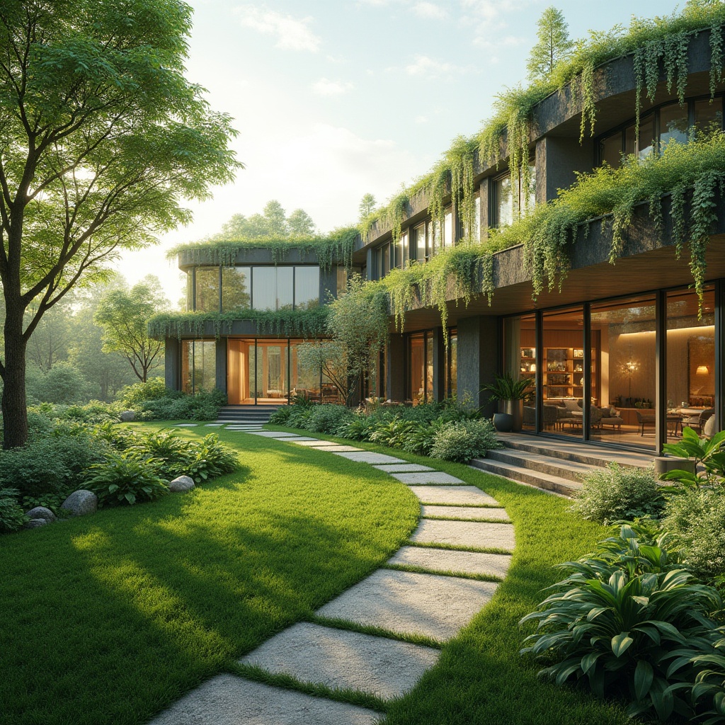 Prompt: Green rooftop, lush vegetation, modern sustainable architecture, large windows, sliding glass doors, natural light, cross ventilation, wind catchers, clerestory windows, solar chimneys, evaporative cooling systems, misting systems, shaded outdoor spaces, overhanging eaves, trellises, green walls, living facades, breezy atmosphere, soft warm lighting, shallow depth of field, 3/4 composition, panoramic view, realistic textures, ambient occlusion.