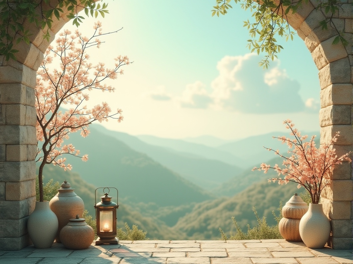 Prompt: Soft celadon hues, calming atmosphere, serene landscape, gentle hills, misty morning, warm sunlight, natural stone walls, rustic wooden accents, vintage metal lanterns, delicate ceramic vases, soft peach flowers, pale blue skies, whimsical cloud formations, dreamy shallow depth of field, 1/2 composition, warm golden lighting, realistic textures, subtle ambient occlusion.