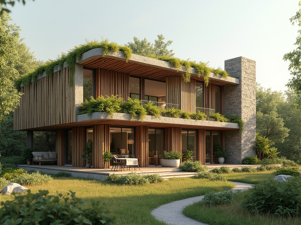 Prompt: Eco-friendly building, natural materials, reclaimed wood, low-carbon concrete, recycled metal, bamboo facades, green roofs, living walls, solar panels, wind turbines, rainwater harvesting systems, grey water reuse, sustainable insulation, FSC certified timber, locally sourced materials, minimal waste generation, circular economy principles, biomimicry design, organic shapes, earthy color palette, natural textures, soft warm lighting, shallow depth of field, 3/4 composition, realistic rendering.