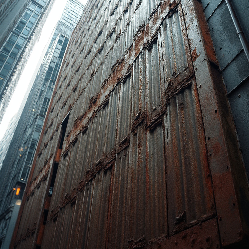 Prompt: Industrial-chic perforated metal facade, corrugated iron cladding, rusty patina, urban cityscape, modern skyscraper, sleek office building, angular architecture, metallic sheen, weathered steel, brutalist design, functional aesthetics, ventilation systems, natural light filtering, subtle shadows, high-contrast lighting, dramatic atmosphere, cinematic composition, realistic reflections.