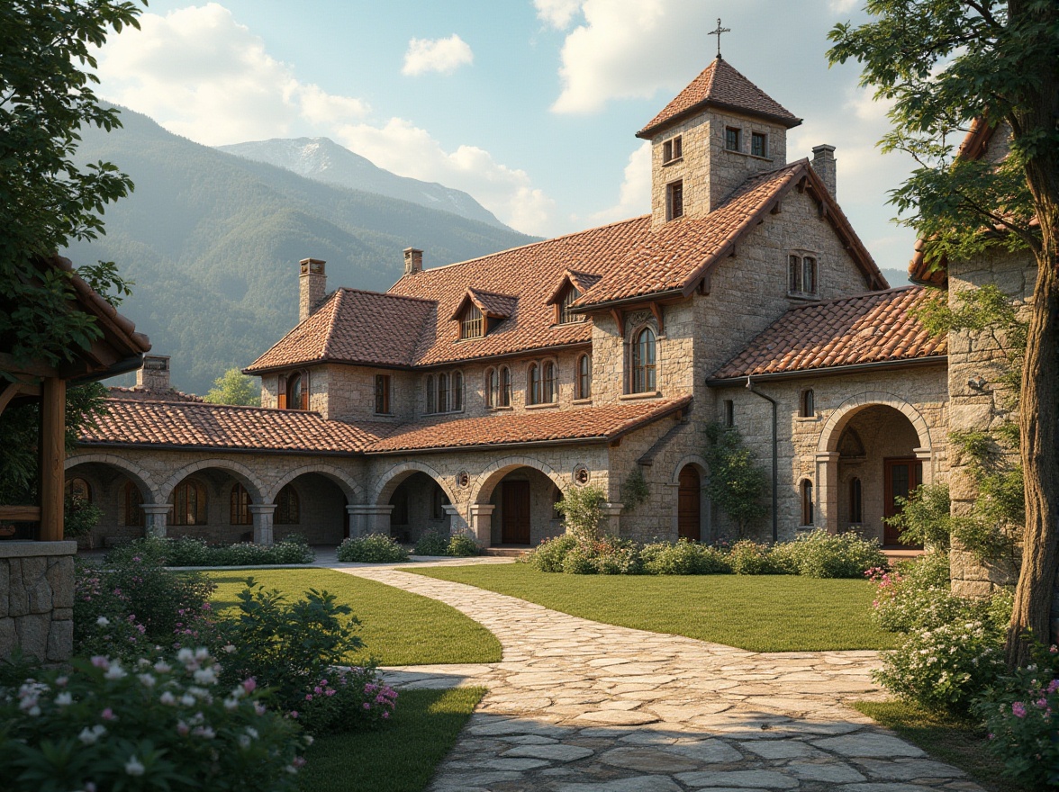 Prompt: Majestic monastery, rustic stone walls, curved tile roofs, ornate wooden doors, tranquil cloisters, peaceful courtyards, lush greenery, vibrant flowers, natural stone pathways, traditional regional architecture, innovative roof structures, angular lines, minimalist design, clerestory windows, soft warm lighting, shallow depth of field, 3/4 composition, panoramic view, realistic textures, ambient occlusion.