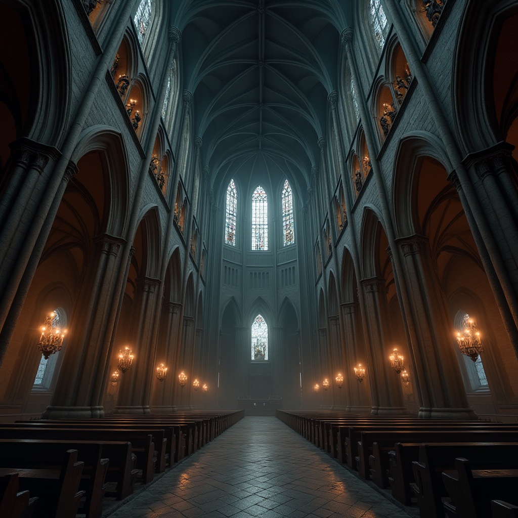 Prompt: Soaring cathedral ceilings, grandiose vaulted arches, ribbed stone walls, dramatic vertical lines, pointed windows, intricate carvings, ornate gargoyles, mysterious stained glass, mystical ambiance, dim warm lighting, high contrast shadows, cinematic composition, atmospheric perspective, rich textures, historic architectural details.