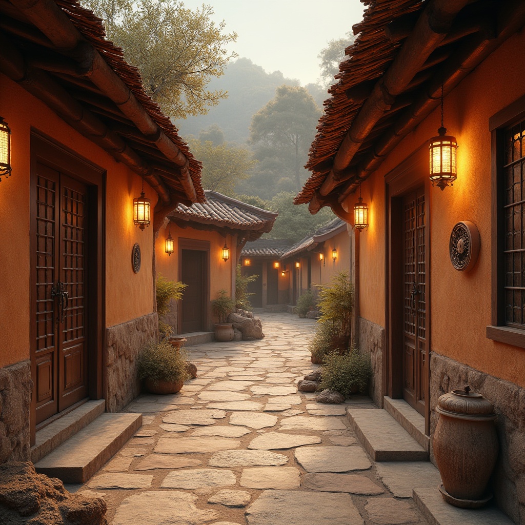 Prompt: Rustic village setting, traditional earthen walls, wooden beam structures, natural stone foundations, curved terracotta roofs, earthy color palette, woven bamboo ceilings, handcrafted wooden doors, ornate metalwork details, lantern-style lighting fixtures, ambient warm glow, shallow depth of field, 1/1 composition, realistic textures, subtle shadow mapping.