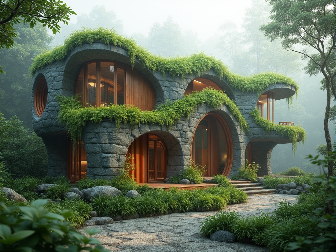 Prompt: Harmonious eco-friendly building, lush green roof, living walls, natural stone fa\u00e7ade, wooden accents, curved lines, organic shapes, serene forest surroundings, misty morning atmosphere, soft diffused lighting, shallow depth of field, 1/1 composition, panoramic view, realistic textures, ambient occlusion.