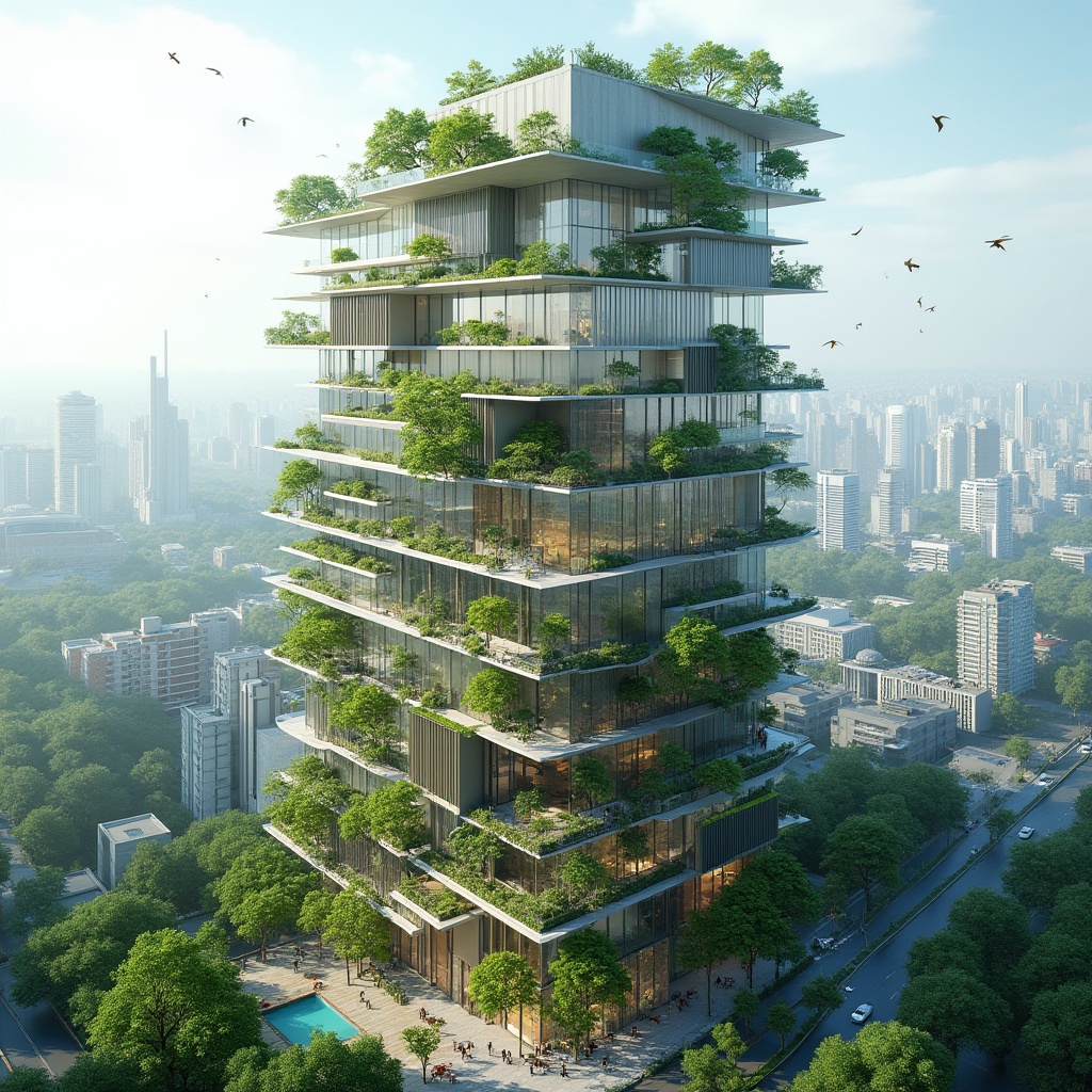 Prompt: Eco-friendly skyscraper, green roofs, solar panels, wind turbines, rainwater harvesting systems, recycled materials, minimalist design, natural ventilation systems, large windows, abundant natural light, airy atriums, living walls, urban gardens, bustling cityscape, modern architecture, sleek metal fa\u00e7ades, reflective glass surfaces, angular lines, innovative cooling technologies, shaded outdoor spaces, misting systems, vibrant colorful textiles, intricate geometric motifs, sustainable urban planning, reduced carbon footprint, environmentally conscious design.