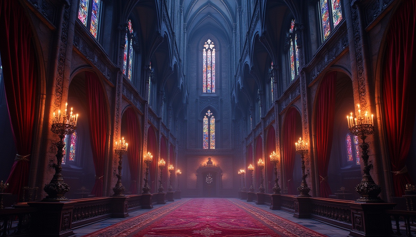 Prompt: Mysterious Gothic cathedral, vaulted ceilings, stained glass windows, grandiose architecture, dark stone walls, mysterious ambiance, eerie shadows, warm candlelight, rich velvet drapes, intricate carvings, ornate metalwork, lavish furnishings, bold red accents, deep purple hues, midnight blue tones, metallic gold highlights, subtle brown undertones, dramatic chiaroscuro, high contrast lighting, detailed textures, mystical atmosphere, ornamental patterns.