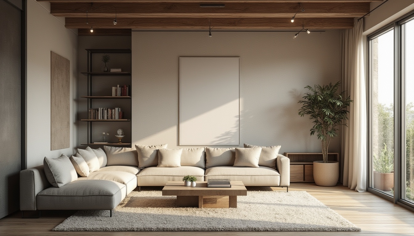 Prompt: Modern minimalist living room, sleek low-profile furniture, neutral color palette, subtle textures, ambient warm lighting, 3/4 composition, cozy reading nook, plush area rug, comfortable sectional sofa, minimalist coffee table, geometric patterned wallpaper, floor-to-ceiling windows, natural wood accents, industrial chic metal beams, soft focus blur, shallow depth of field.