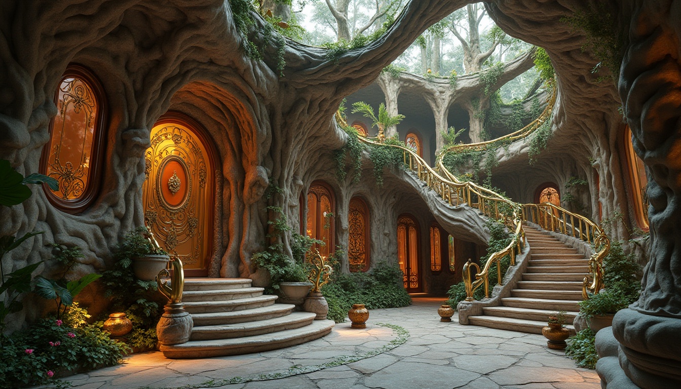 Prompt: Intricate ornate facades, flowing organic lines, sinuous curves, luxurious golden accents, ornate metalwork, beveled glass windows, rustic stone walls, moss-covered roofs, whimsical botanical motifs, tendrils and foliage-inspired carvings, soft warm lighting, shallow depth of field, 1/1 composition, realistic textures, ambient occlusion, ornate doorways, grand staircases, lavish interior decorations.