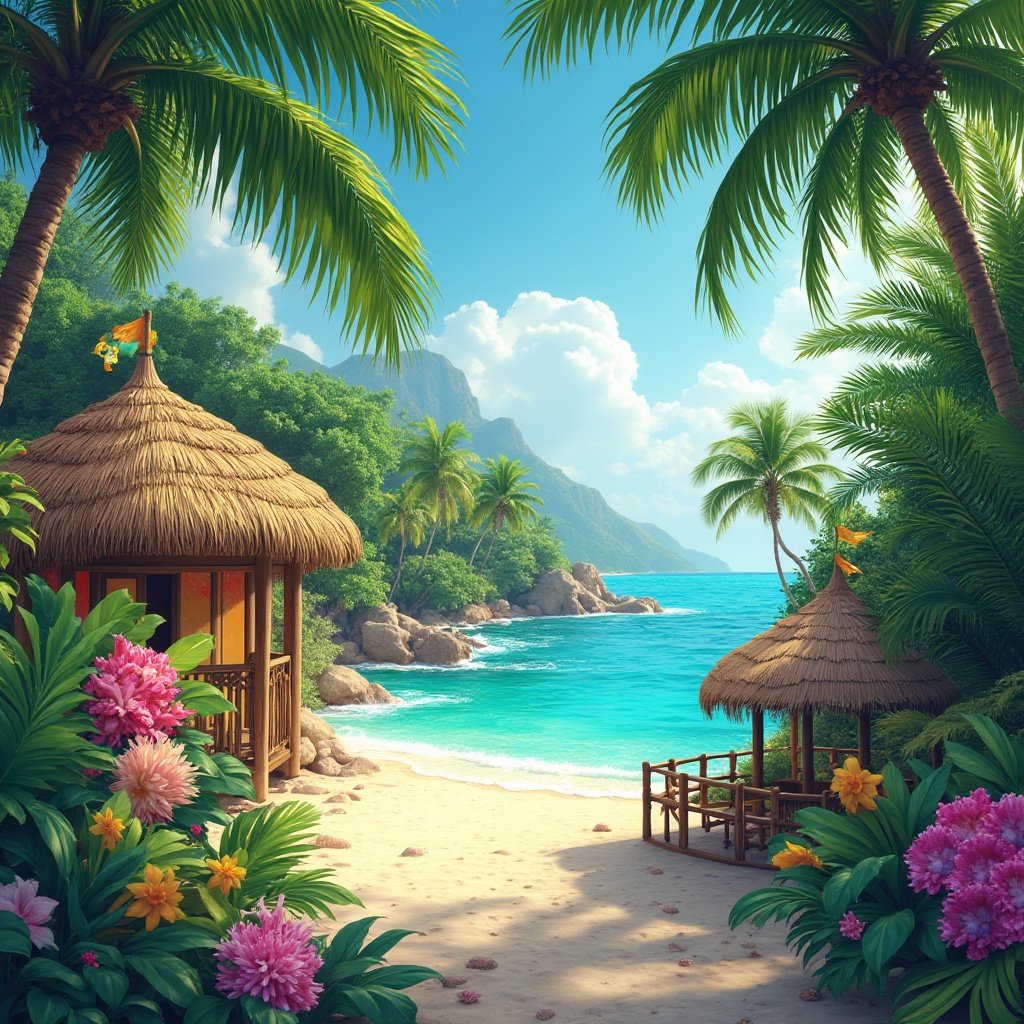 Prompt: Vibrant tropical island, lush green palm trees, exotic floral arrangements, bright coral reefs, turquoise ocean waters, sunny warm lighting, soft focus effect, 1/2 composition, natural textures, ambient occlusion, colorful tiki huts, woven straw roofs, rustic wooden accents, distressed finishes, eclectic patterns, bold geometric shapes, playful polka dots, whimsical illustrations.