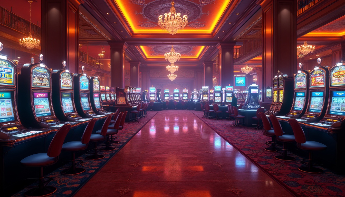 Prompt: Vibrant casino atmosphere, dynamic LED lighting, neon signs, flashy slot machines, lavish decorations, luxurious carpets, high ceilings, ornate chandeliers, sophisticated architecture, grand staircases, opulent furnishings, rich wood tones, sparkling crystals, dramatic spotlights, warm ambient glow, softbox lights, 1/1 composition, cinematic mood, realistic reflections, detailed textures.