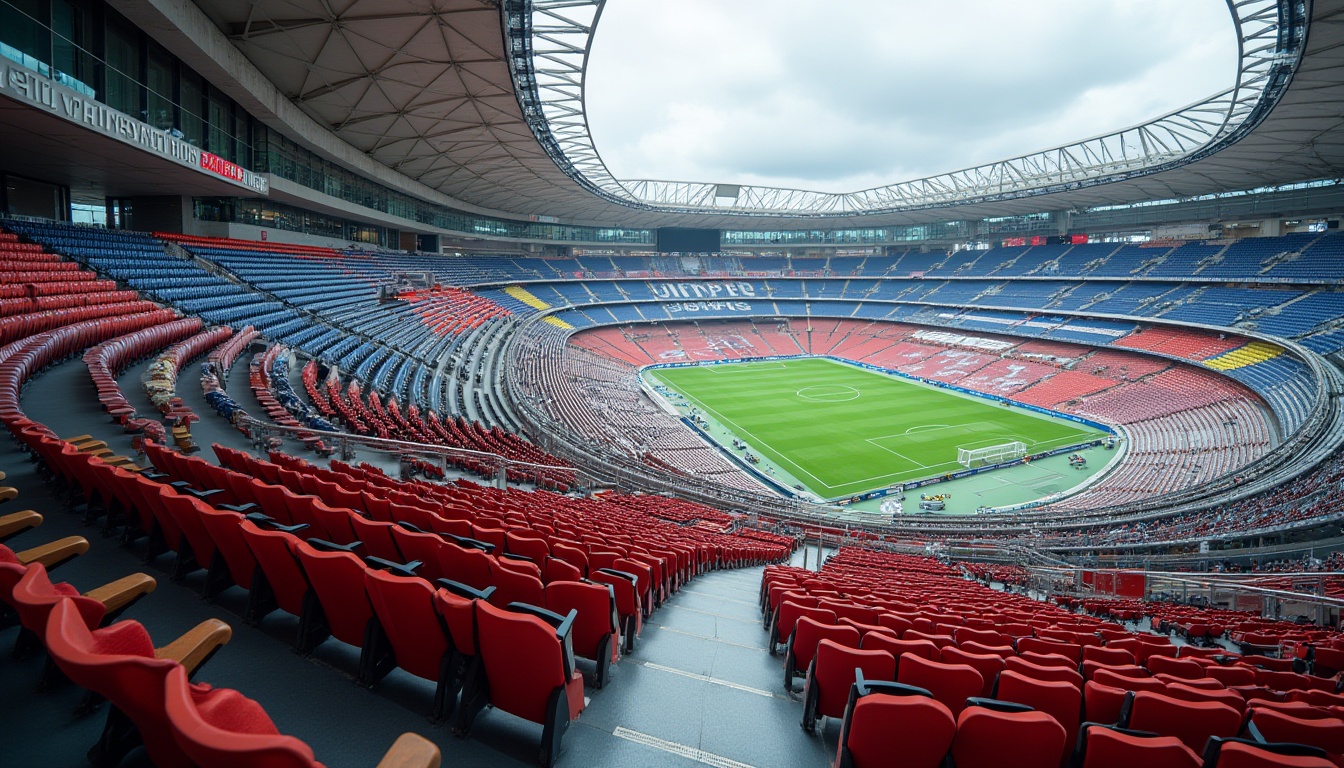 Prompt: Modern international stadium, sleek curved lines, vibrant colorful seats, dynamic tiered seating arrangement, advanced ergonomic design, premium leather upholstery, polished metal handrails, spacious VIP lounges, panoramic city views, natural stone concourses, futuristic LED lighting systems, 1/1 composition, shallow depth of field, realistic textures, ambient occlusion.